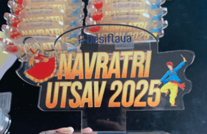 Garba dancers performing in colorful traditional outfits at A-Desiflava Navratri Utsav 2025 in Hong Kong