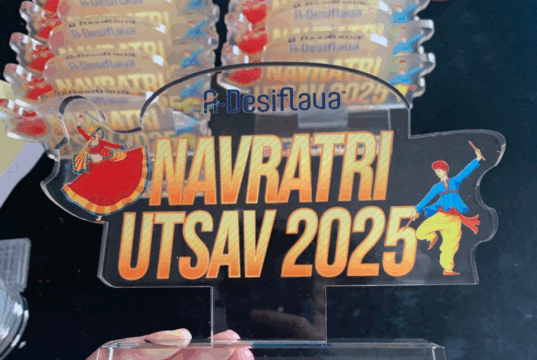 Garba dancers performing in colorful traditional outfits at A-Desiflava Navratri Utsav 2025 in Hong Kong