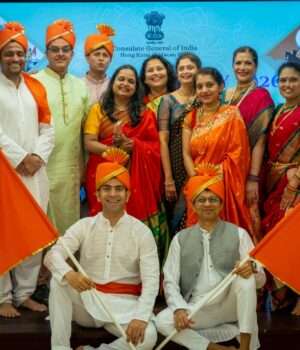 Maharashtra Day 2026 celebration at the Indian Consulate in Hong Kong featuring cultural performances, traditional artifacts, and community members.